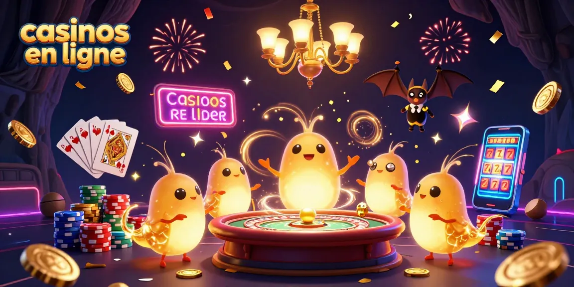 Jouez aux casinos en ligne avec des lampes de vers illuminant un casino dans une illustration vibrante et dynamique.